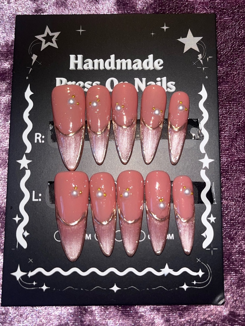 Pink Acrylic Press-On Nails with Gold Accent -